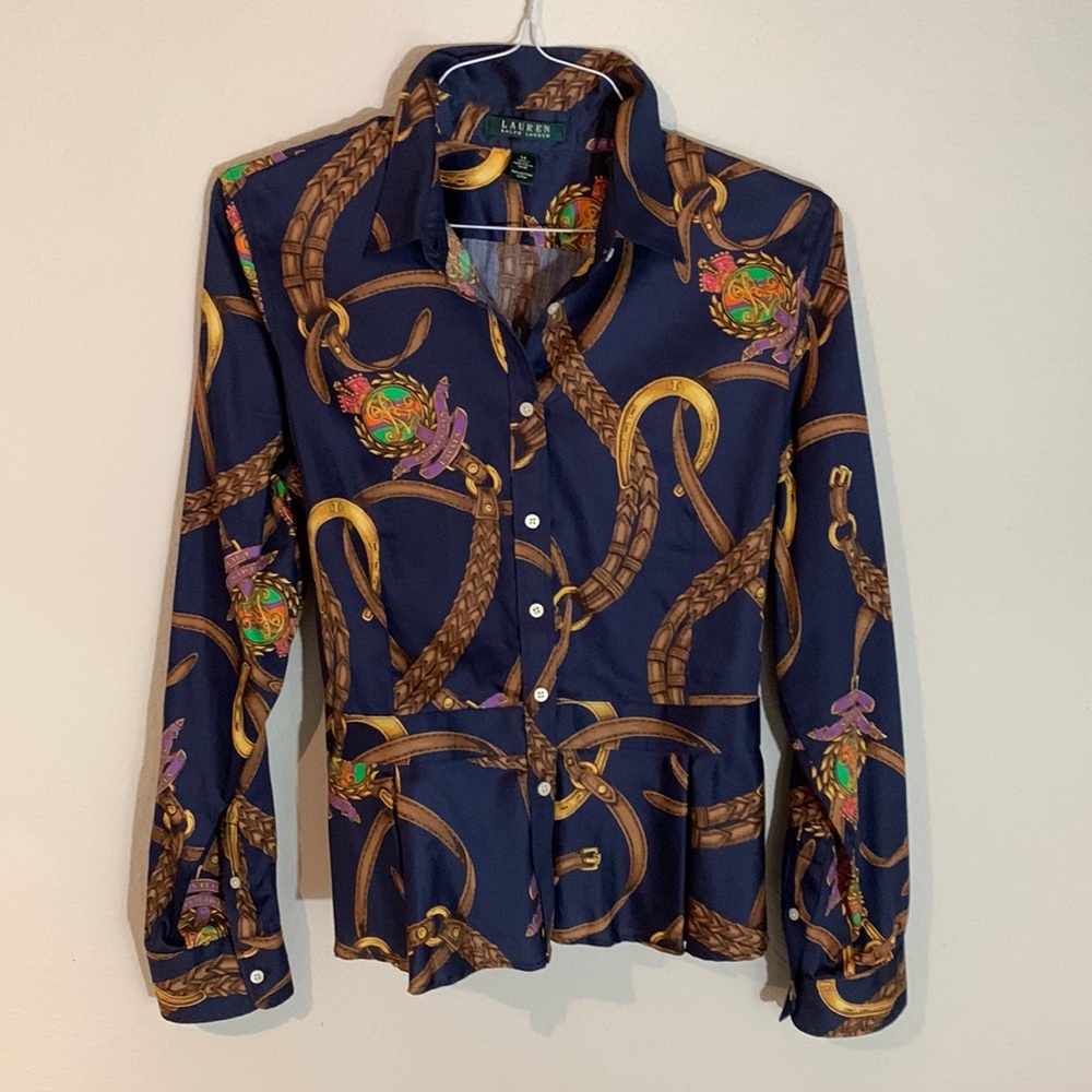 Lauren Ralph Lauren 12/14. Elegant blouse. Navy/prints.